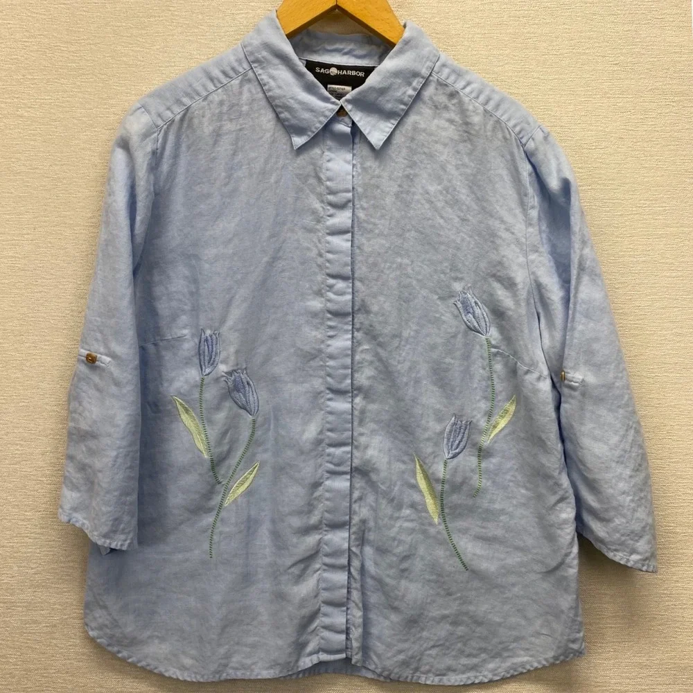 Sag Harbor Womens Blue 100% Linen Floral Embroidered Roll Tab Shirt Large VTG - Picture 3 of 11